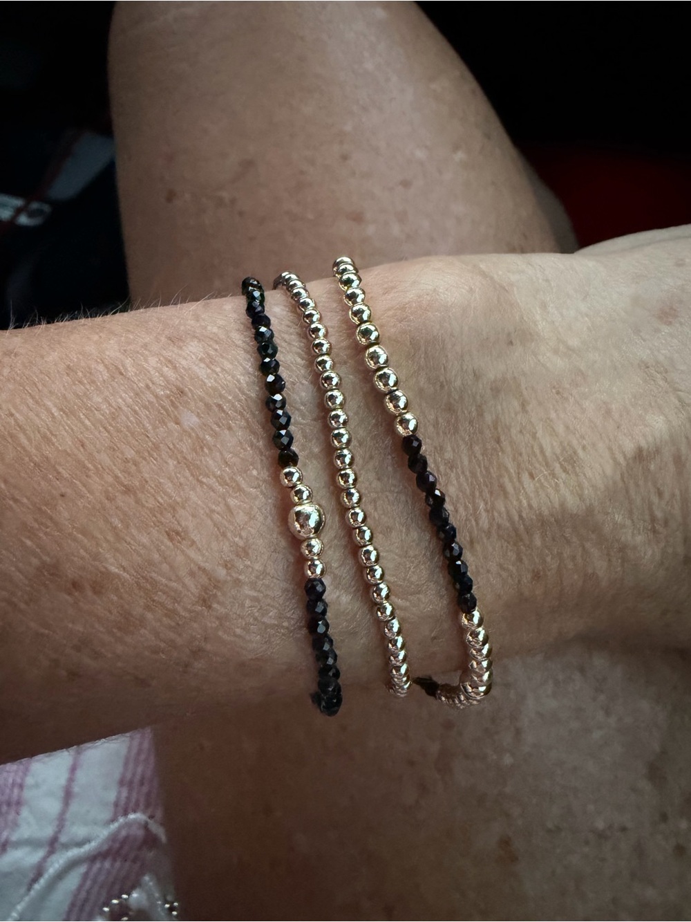 Gold and Black Beaded Stretch Bracelet Trio, Handmade